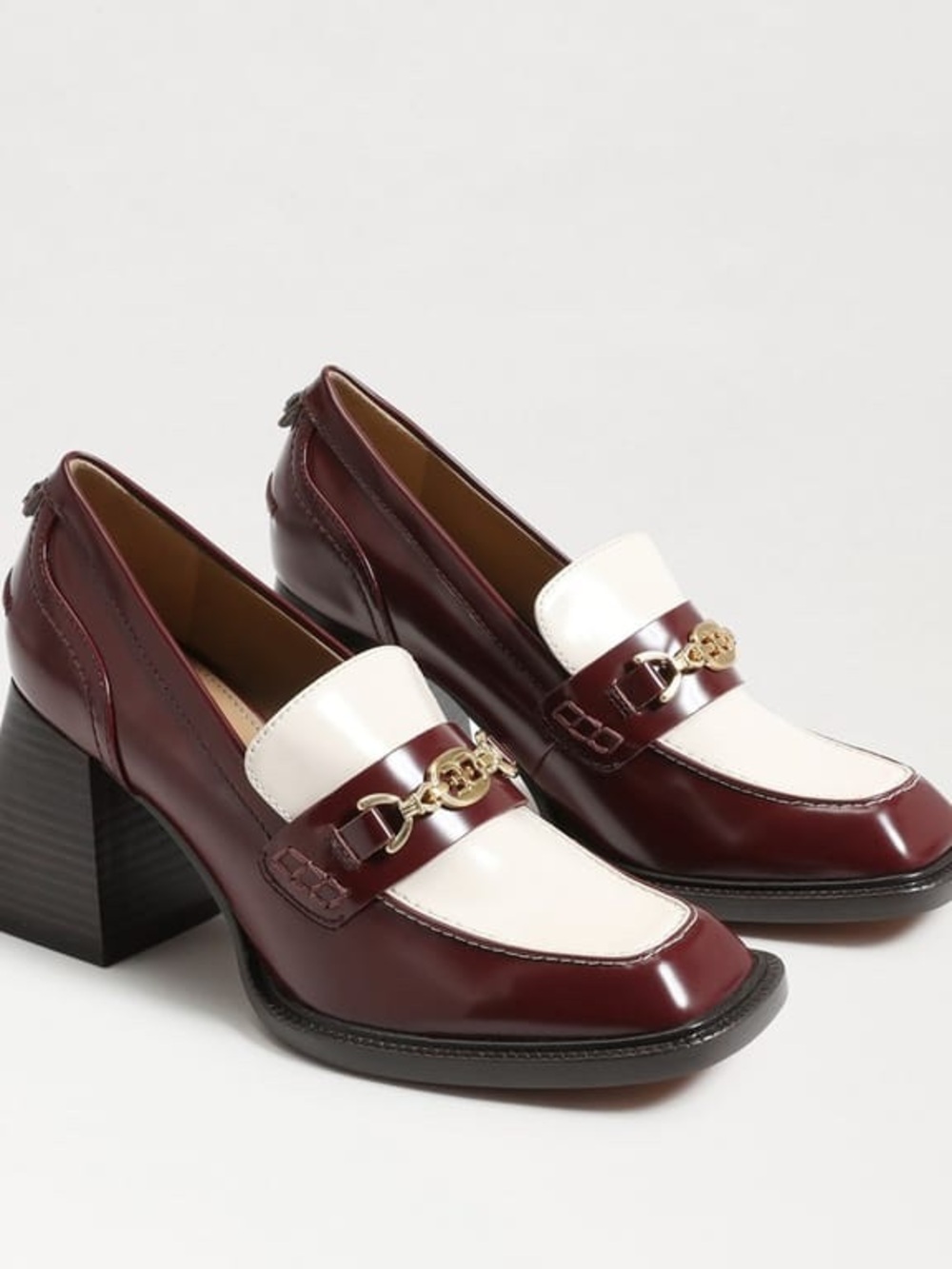 Sam Edelman Burgundy and White Two-Tone Block Heel Loafers